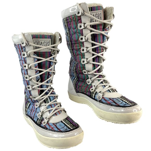 Coach Snow Boots Womens Sz 9B Rainbow Logo Quilted Peggey Mid Calf Lace Up - Picture 1 of 13